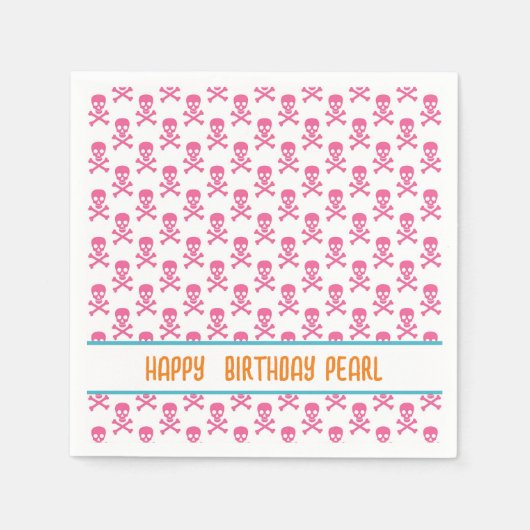 Pink Pirate Crossbones Modern Happy Birthday NAAM Servet (Voorkant)