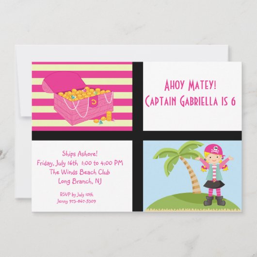 Pink Pirate Girl Squares Birthday Invitation Kaart (Voorkant)