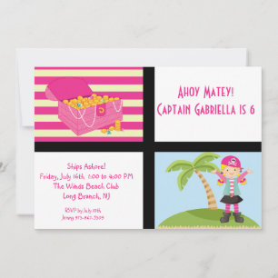 Pink Pirate Girl Squares Birthday Invitation Kaart