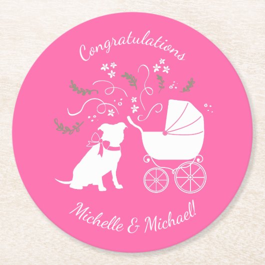 Pink Pit Bull Dog Baby shower Ronde Kartonnen Onderzetter (Voorkant)