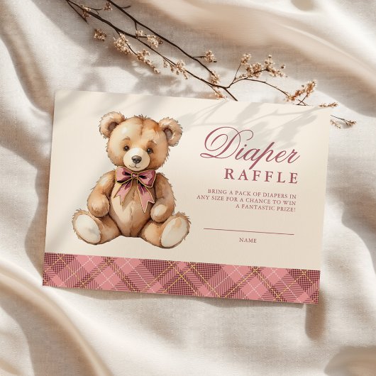 Pink Plaid Bear Baby Shower Diaper Raffle Informatiekaartje