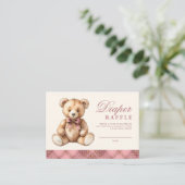 Pink Plaid Bear Baby Shower Diaper Raffle Informatiekaartje (Staand voorkant)