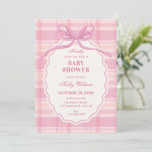 Pink plaid bow baby shower kaart (Staand voorkant)