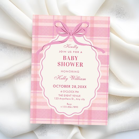 Pink plaid bow baby shower kaart