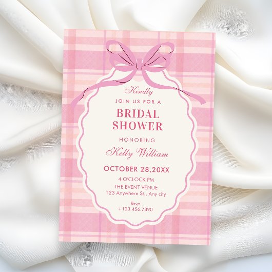 Pink plaid bow bridal shower kaart