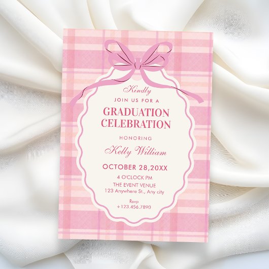 Pink plaid bow graduation kaart
