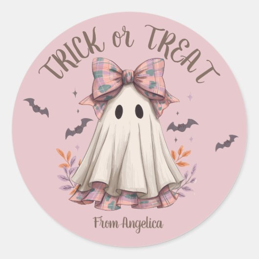 Pink Plaid Bow Schattige Ghost Girl Halloween Ronde Sticker (Voorkant)