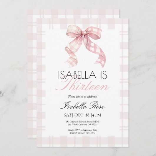 Pink Plaid Bow Verjaardag Uitnodiging (Voorkant / Achterkant)
