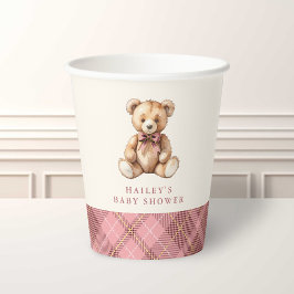 Pink Plaid Classic Teddy Bear Baby Shower Papieren Bekers