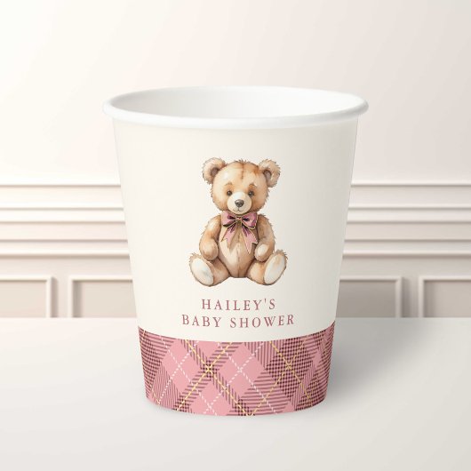 Pink Plaid Classic Teddy Bear Baby Shower Papieren Bekers