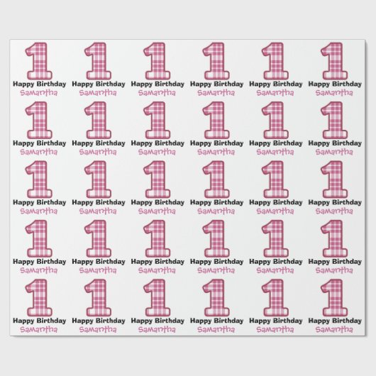 PINK PLAID First Birthday Custom Name A08 Cadeaupapier (Vlak)