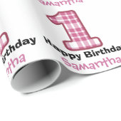PINK PLAID First Birthday Custom Name A08 Cadeaupapier (Rol Hoek)