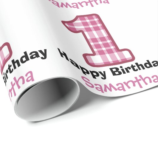 PINK PLAID First Birthday Custom Name A08 Cadeaupapier (Rol Hoek)