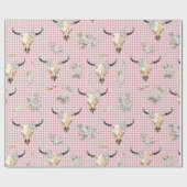 Pink Plaid Gingham Koe Skull Boho Cadeaupapier (Vlak)