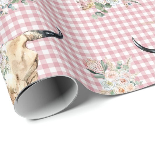 Pink Plaid Gingham Koe Skull Boho Cadeaupapier (Rol Hoek)