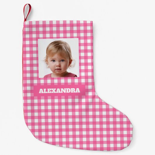 Pink Plaid Girl Photo & Name Rustic Gingham Checks Kleine Kerstsok (Voorkant)