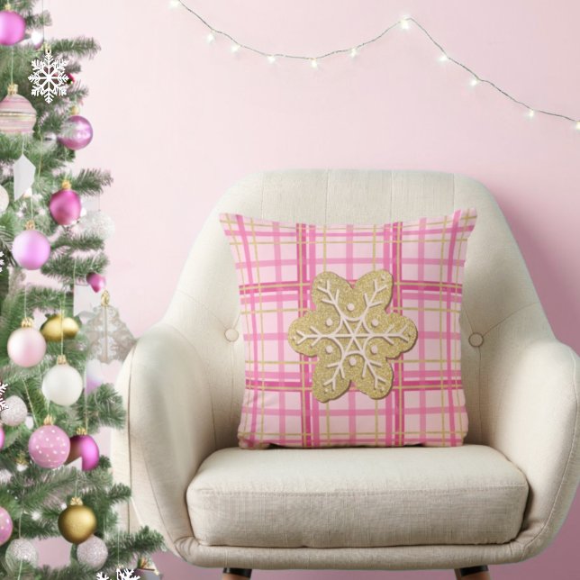 Pink Plaid Gold Glitter Gingerbread Cookie Festive Kussen (Creator heeft geüpload)