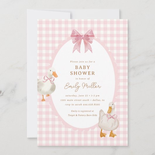 Pink Plaid Goose Duck Coquette Baby shower Kaart (Voorkant)