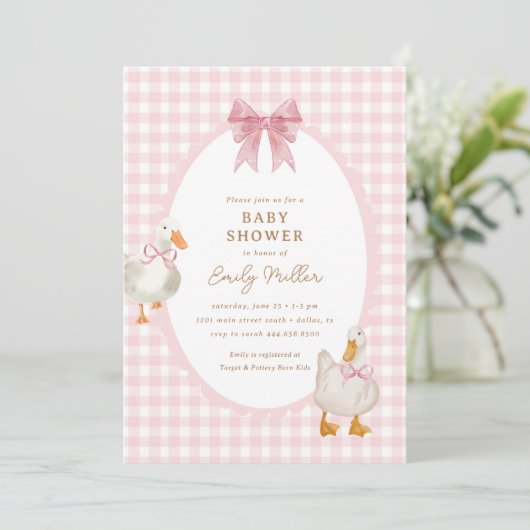 Pink Plaid Goose Duck Coquette Baby shower Kaart (Staand voorkant)