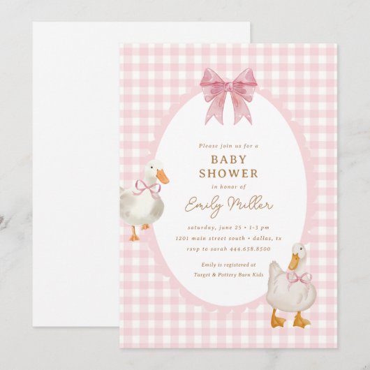 Pink Plaid Goose Duck Coquette Baby shower Kaart (Voorkant / Achterkant)