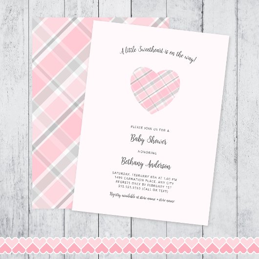 Pink Plaid Heart Baby shower Kaart