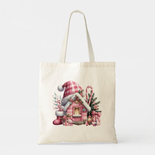 Pink Plaid Kersthuis Tote Bag (Achterkant)