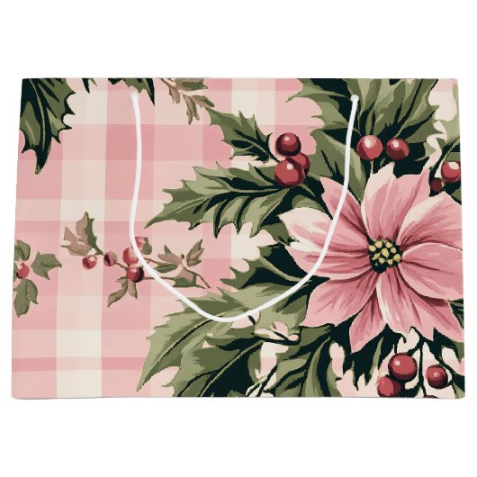 Pink Plaid Poinsettia Kerstmis Groot Cadeauzakje (Voorkant)