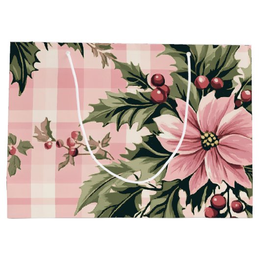 Pink Plaid Poinsettia Kerstmis Groot Cadeauzakje (Achterkant)