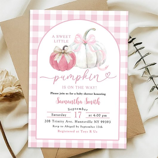 Pink Plaid Preppy Bow Pumpkin Baby shower Kaart
