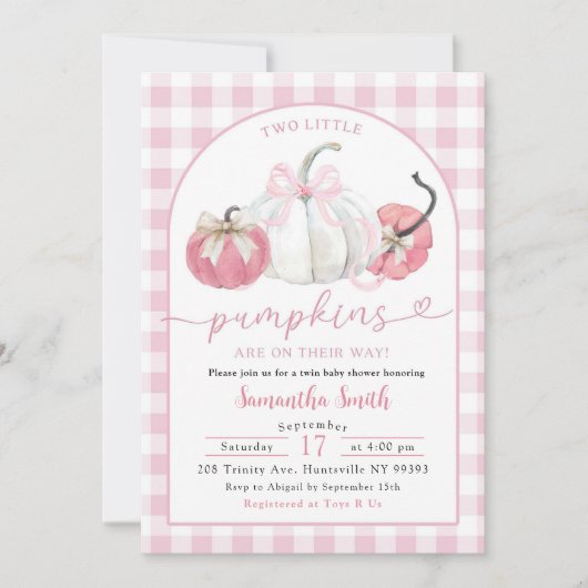 Pink Plaid Preppy Pumpkin Girl Twins Baby shower Kaart (Voorkant)