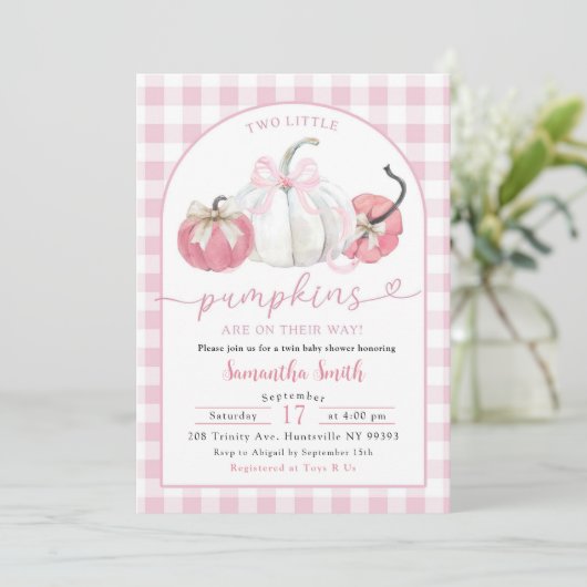 Pink Plaid Preppy Pumpkin Girl Twins Baby shower Kaart (Staand voorkant)