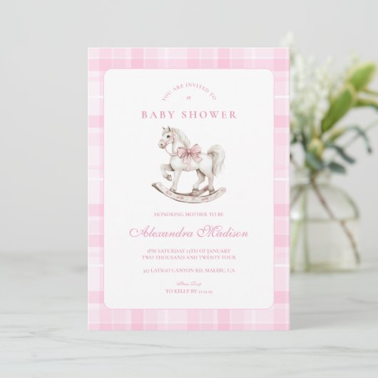 Pink Plaid Rocking Horse Baby shower Kaart (Staand voorkant)