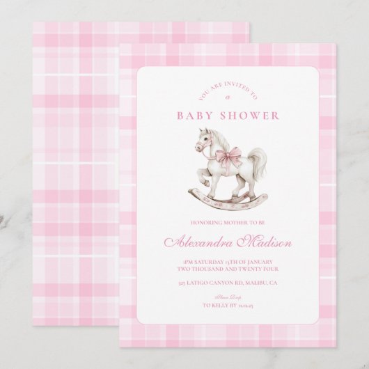 Pink Plaid Rocking Horse Baby shower Kaart (Voorkant / Achterkant)