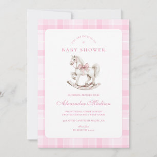 Pink Plaid Rocking Horse Baby shower Kaart