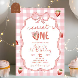 Pink Plaid Strawberry Coquette sweet one birthday Kaart
