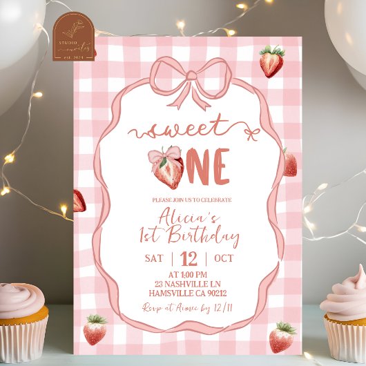 Pink Plaid Strawberry Coquette sweet one birthday Kaart