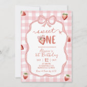 Pink Plaid Strawberry Coquette sweet one birthday Kaart (Voorkant)