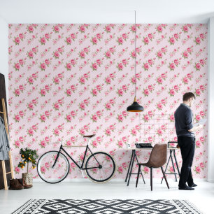 Pink Plaid Vintage Roses Behang