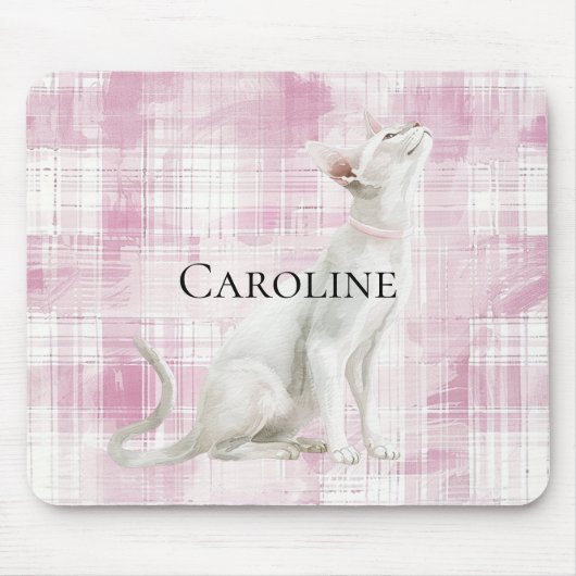 Pink Plaid White Cat Muismat (Voorkant)