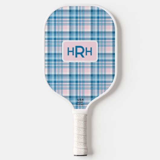 Pink Plaid with Modern Monogram Pickleball Paddle (Voorkant)