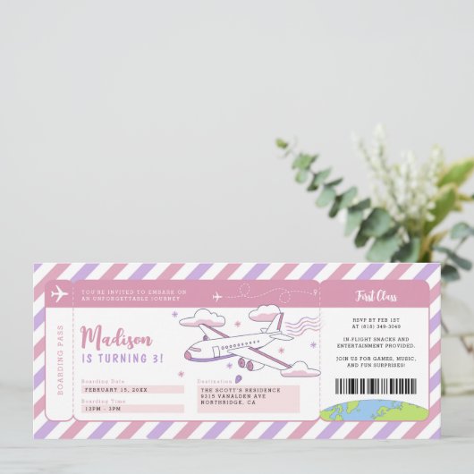 Pink Plane Boarding Pass Verjaardagskaartje Kaart (Staand voorkant)