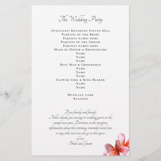 Pink Plumeria Flowers Flat Wedding Program