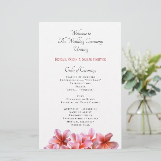 Pink Plumeria Flowers Flat Wedding Program (Staand voorkant)