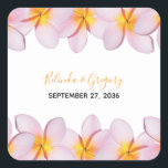 Pink Plumeria Frangipani Wedding Vierkante Sticker<br><div class="desc">Dit ontwerp is voorzien van roze frangipani/plumeria bloemen. Een tropisch ontwerp dat elegant is omhuld met roze frangipani-bloemen. De namen van de bruid en de bruidegom worden benadrukt met een oranje kleur die wordt gekozen uit het midden van de bloem. Deze populaire tropische Hawaiiaanse bloemen zijn ideaal voor een elegante...</div>