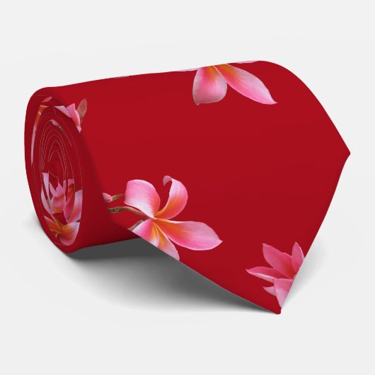 Pink Plumeria Red Tropical Floral Pattern Stropdas (Opgerold)