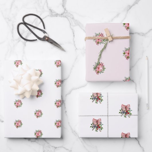 Pink Poinsettia Bouquet Holly and Berries Inpakpapier Vel (Voorkant)