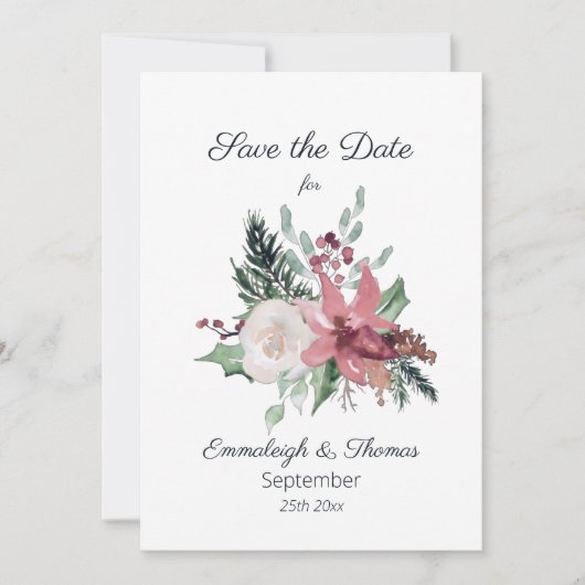 Pink Poinsettia Floral Winter Wedding Save The Date (Voorkant)