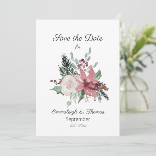 Pink Poinsettia Floral Winter Wedding Save The Date (Staand voorkant)