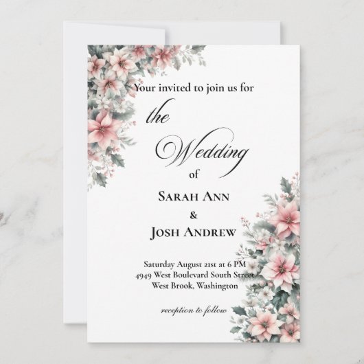 Pink Poinsettia Wedding Invitation Kaart (Voorkant)