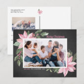 Pink Poinsettias Chalkboard Merry kerstfoto Feestdagenkaart (Voorkant / Achterkant)